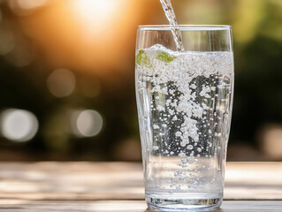 A glass of sparkling water being poured