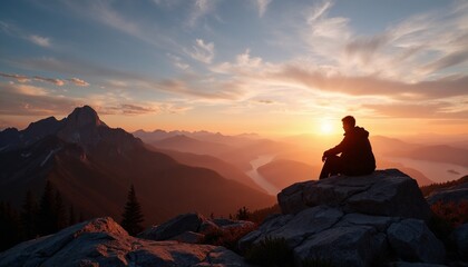 Man Sitting on Mountain Peak Watching Sunrise in Mountains