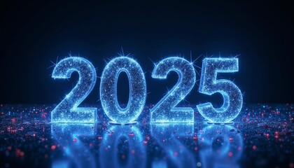 Sparkling background with metallic neon blue and silver 2025 numbers
