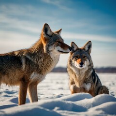 Obraz premium Coyote pair against the blue winter sky. Animals in the wild.