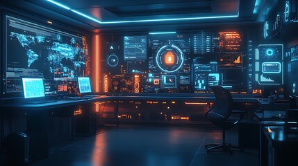 Obraz premium A futuristic office where legal professionals analyze IoT privacy issues, holographic data streams connecting smart devices like cameras, thermostats, and wearables,