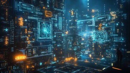 Fototapeta premium A futuristic smart city with IoT devices everywhere, legal experts debating privacy and data security on holographic screens, glowing blue and green data streams representing connected devices,