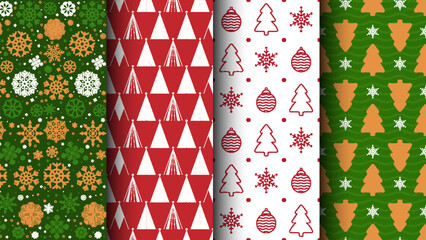Collection of seamless Christmas patterns. Festive designs featuring traditional holiday symbols. Perfect for Merry Christmas and Happy New Year themes.