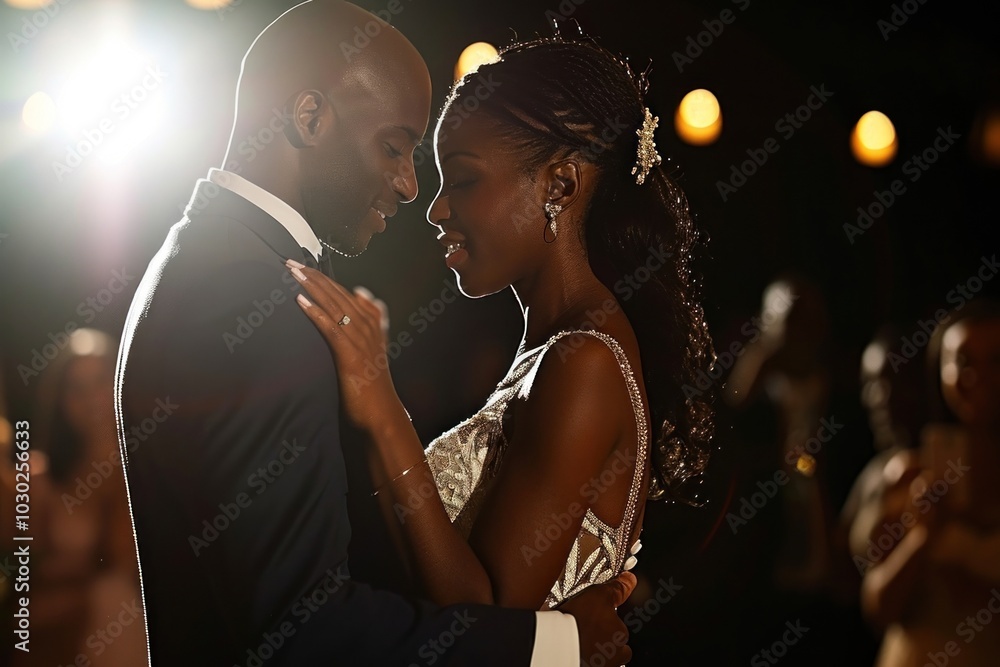 Sticker Black couple having their first dance at their wedding portrait lighting jewelry.