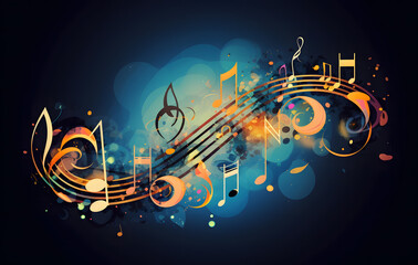 Abstract music background with colorful notes designed with light and swirling shapes. Perfect for use as wallpaper or party decoration.