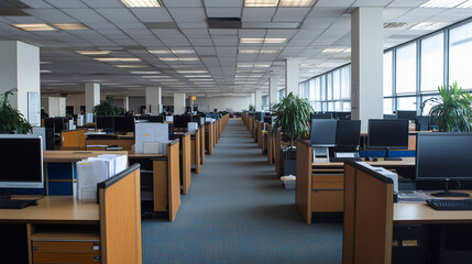 Mass layoffs at a major bank during an economic crisis, with rows of empty workstations and employees packing up their belongings, highlighting the financial impact