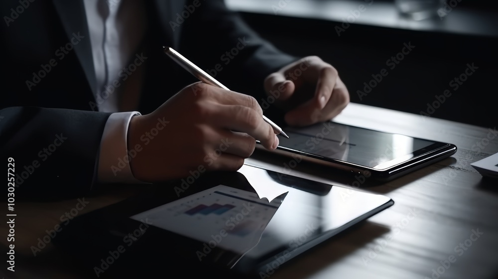 Poster analyzing sales data on a tablet device