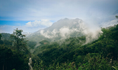 Misty valleys and lush hills of Kota Kinabalu capture the serene beauty of nature at dawn in Malaysia's vibrant landscape