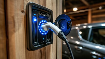 Electric Vehicle Charging Station with Glowing Blue Lights