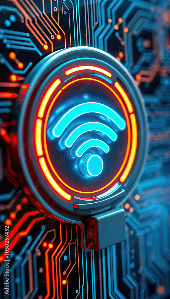 Poster 3d glowing wifi symbol on circuit board wireless network technology futuristic design vertical format