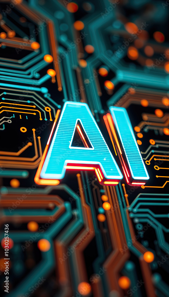 Poster ai text glowing on tech data circuit board artificial intelligence futuristic technology theme vertical format