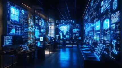 A high-tech digital forensics lab where law enforcement analyzes cybercrime evidence, holographic displays showing encrypted emails, device logs, and digital trails,