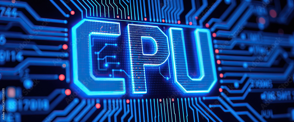 Poster cpu text glowing embedded on tech circuit board central processing unit technology concept