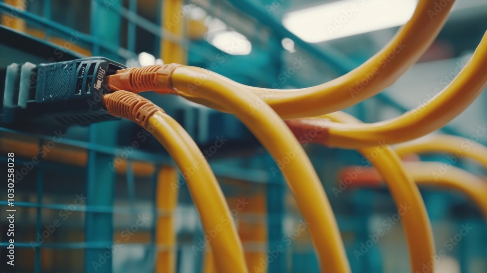 Poster yellow network cables connected to a server rack