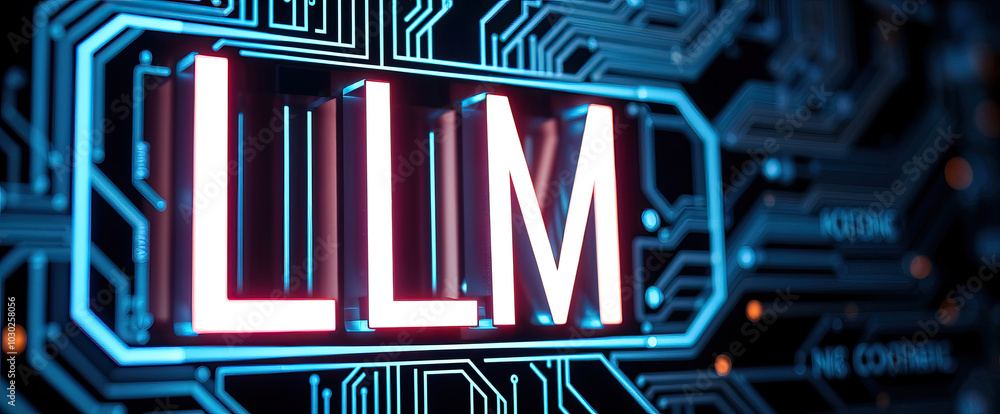 Aufkleber llm text glowing on futuristic tech data circuit board large language model technology concept