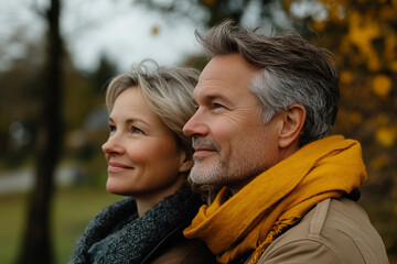 Obraz premium Couple traveling together in autumn forest generative AI