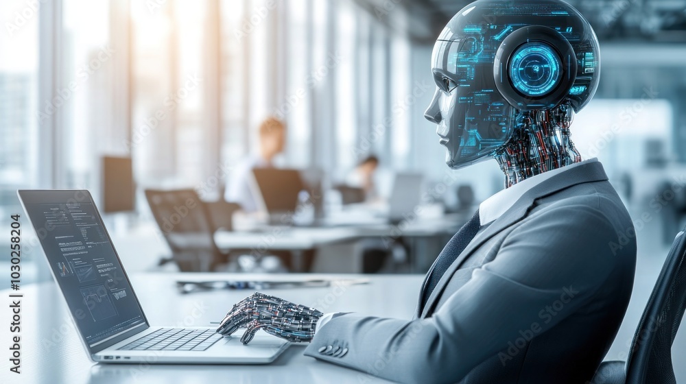 Poster a humanoid robot in a suit working on a laptop in an office setting.