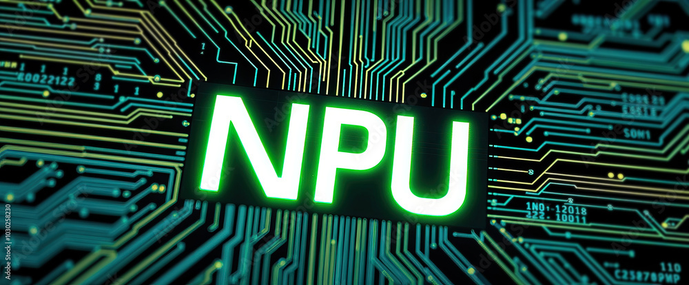 Poster neon npu text on tech circuit board representing neural processing unit technology ai artificial intelligence concept