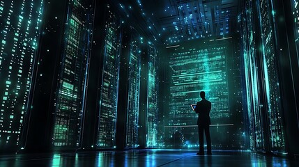 A holographic display of cybersecurity regulations in front of a massive data center, glowing servers in the background, secure firewalls visualized as digital barriers, cool blue and green lighting,