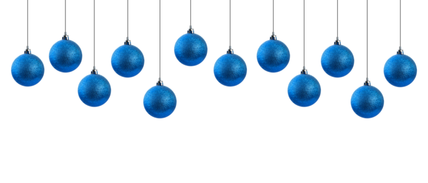 Blue christmas balls garland on strings on transparent background png