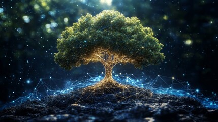 Glowing Tree of Life with Network Connection, Symbolizing Nature and Technology Harmony.