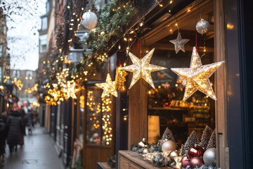Naklejka premium City streets advent Christmas decorations by night. Festive Xmas decor, colorful ornaments in urban setting. Holiday decorations of building or shops glow brightly, shiny stars. Illuminated ornaments