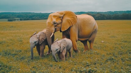 Fototapeta premium Two baby elephants play beside a larger elephant in a grassy field.
