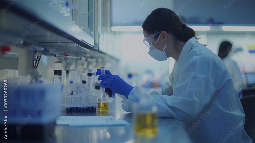 Fototapete a scientist in a lab coat and gloves analyzes samples in a laboratory. the researcher measures liqui