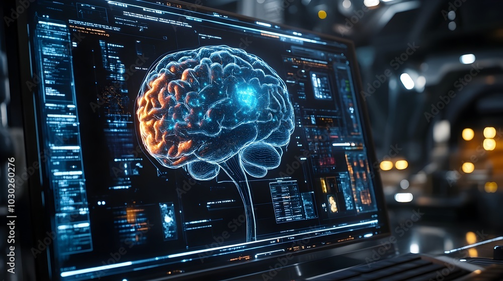 Poster cutting edge brain scan visualization on digital screen powered by