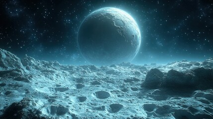 A serene alien landscape with a distant planet and starry sky.