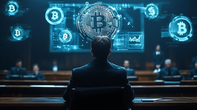 A lawyer presenting digital evidence of cryptocurrency fraud, holographic bitcoin symbols and blockchain data floating in mid-air, glowing neon blue lights in a modern high-tech courtroom,