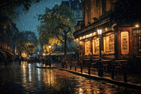 A rain storm night architecture illuminated cityscape.