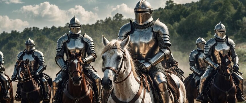 A group of brave knights are riding their strong horses in a vast field
