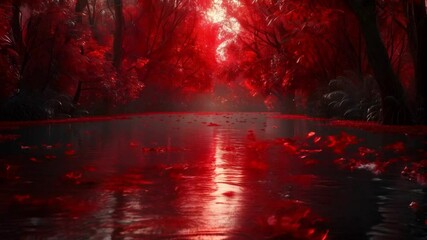 a lake in the middle of a forest with trees with red leaves falling on the surface of the lake, the leaves are circling and flying like birds. Everything lights up red, scary