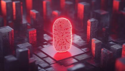 Futuristic Fingerprint in Neon Cityscape Digital Identification and Cybersecurity Concept