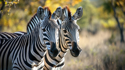 Naklejka premium A pair of zebras grazing side by side in a South African nature reserve, their striking stripes creating a captivating visual pattern in the wild landscape.