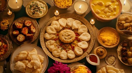 A traditional Diwali feast laid out on a table, with various Indian dishes and sweets