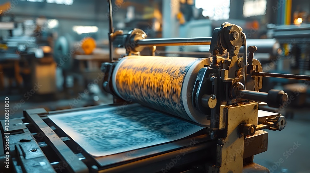 Poster close up of a press printing machine in printing in color at a printing house in the publishing
