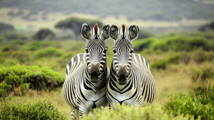 A pair of zebras standing side by side on the South African plains, their heads turned in opposite directions, showcasing the symmetry of their stripes.