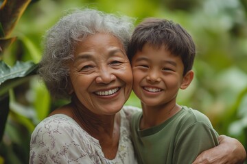 Elderly woman and young boy smiling in a garden for family love and bonding moments