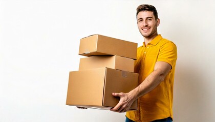 Smiling man in yellow shirt carrying cardboard boxes on white background