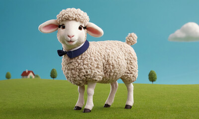 Obraz premium Cute Sheep with a Costume Bowtie on a Green Meadow