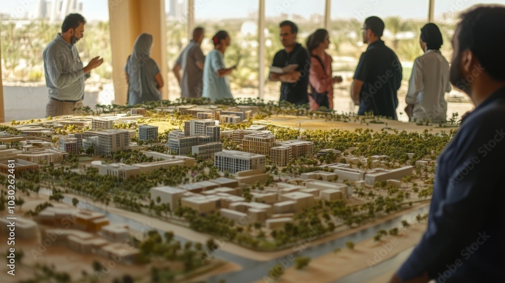 Poster people stand around a table and look at a model of a city. the model is very detailed and includes b