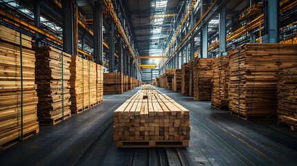 Organized Pine Wood Planks in Modern Factory for Timber Processing and Production