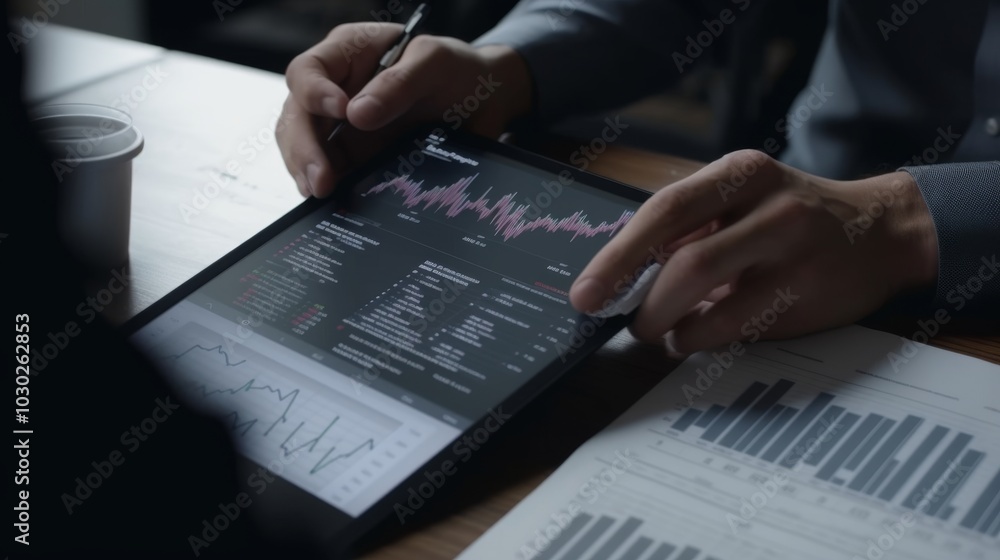 Poster analyzing sales data on a tablet device