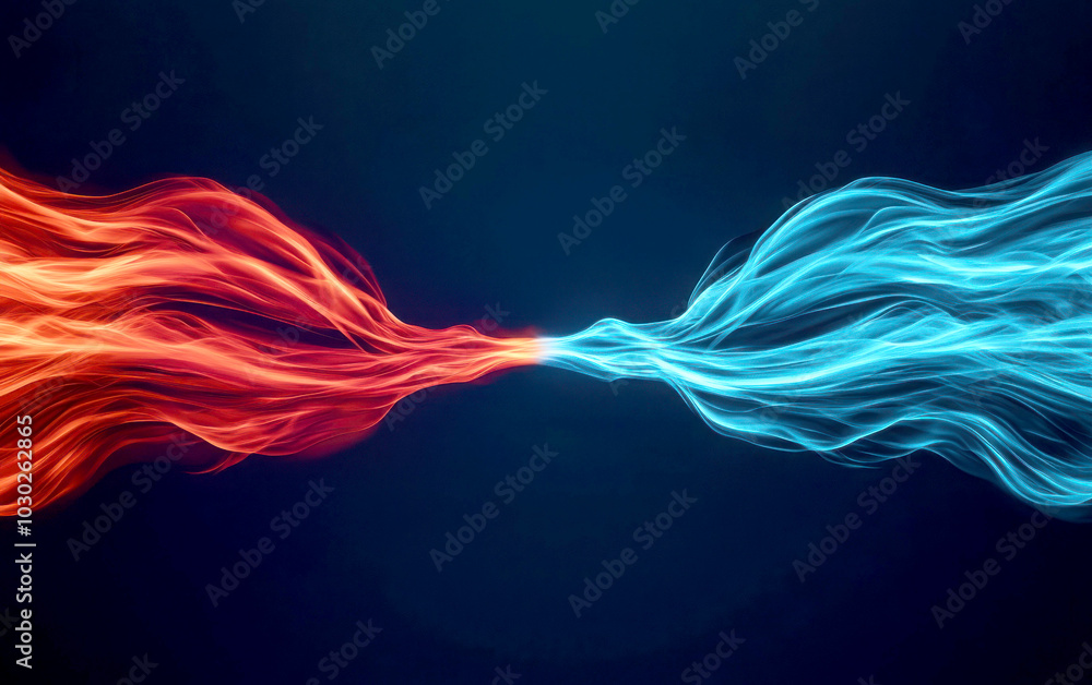 Poster dynamic representation of opposing forces, showcasing vibrant red and blue waves merging in a stunni