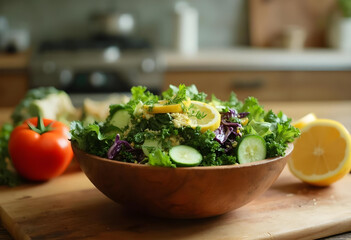 Fresh salad with vibrant greens, cucumbers, and lemon slices, beautifully arranged in wooden bowl, evokes sense of healthy eating and natural textures in cozy kitchen setting
