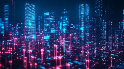 Obraz premium A smart city powered by IoT devices, with glowing holographic screens displaying data security laws and privacy concerns, lawyers analyzing encrypted data flows,