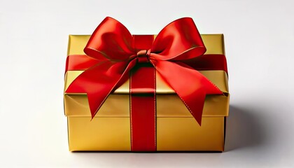 Obraz premium Shiny gold gift box with a red ribbon on a white isolated background.