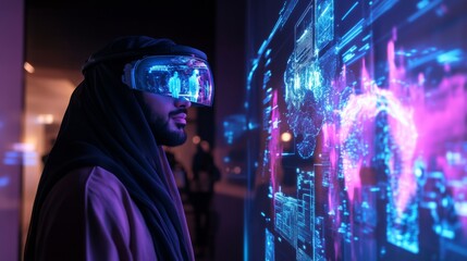 A man, dressed in traditional attire, engages with an interactive digital interface while wearing virtual reality goggles